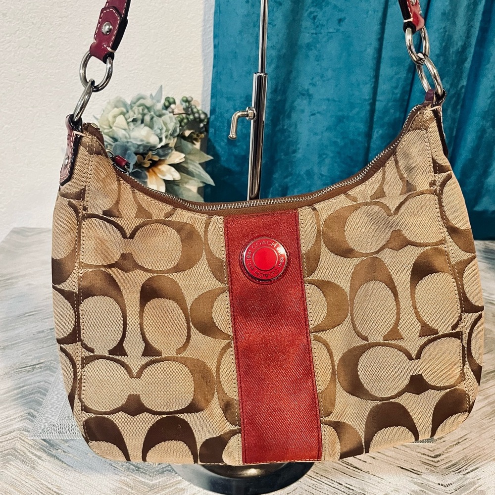 Coach Tan and Red Signature Shoulder Bag